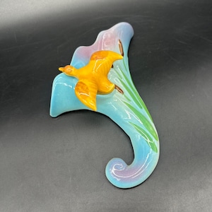 Vintage Wall Pocket Vase Mid Century Decor Flying Duck Blue Yellow Bird USA