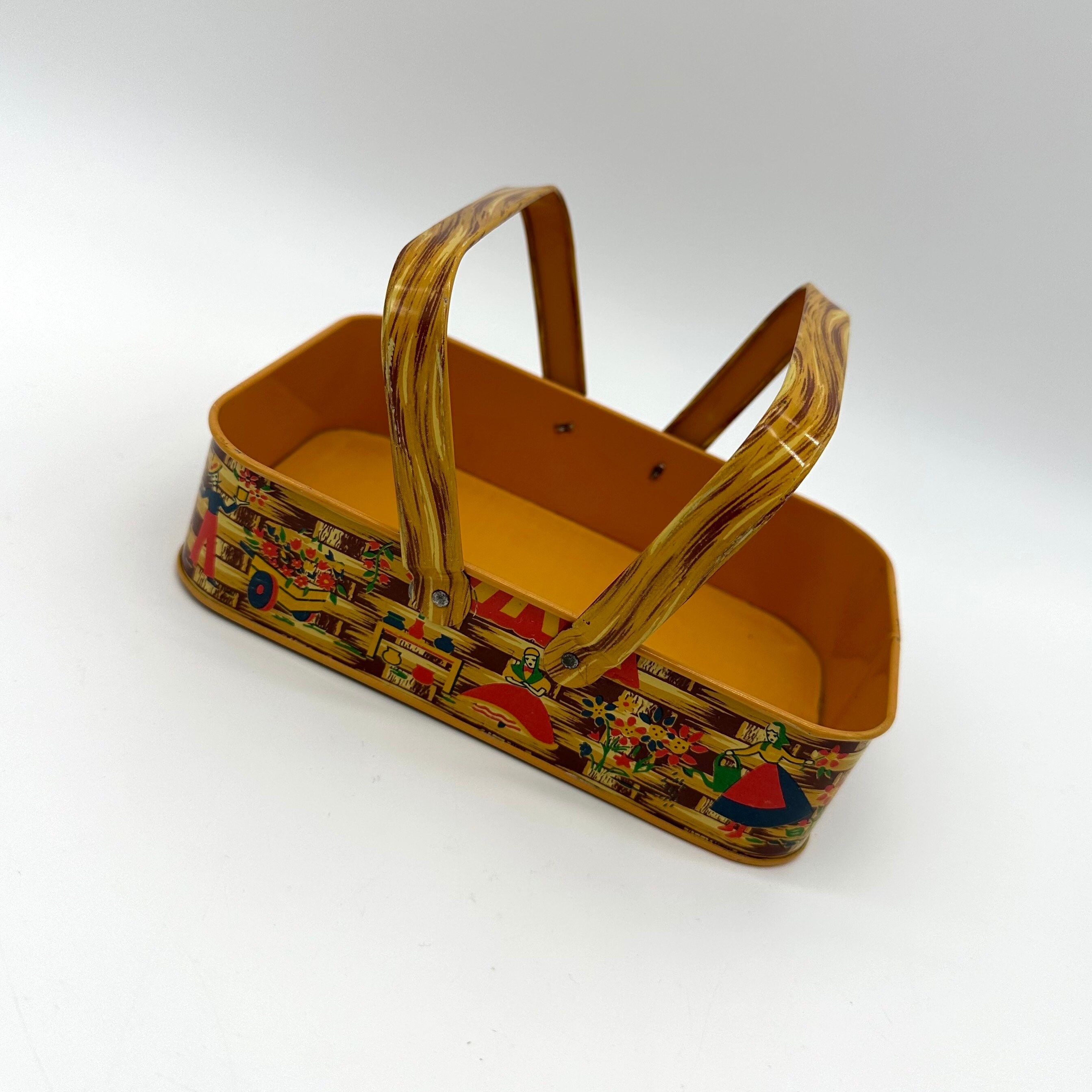 Vintage Dutch Girl Metal Basket Kitschy Flowers 1950s Storage Holder Yellow