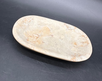 Marble Soap Trinket Dish Jewelry Holder Beige Orange Veining Oval Small Tray