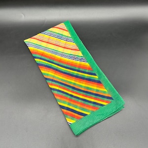 Vintage Sheer Scarf Head Wrap Rainbow Green Diagonal Stripes Rolled Edge 1970s