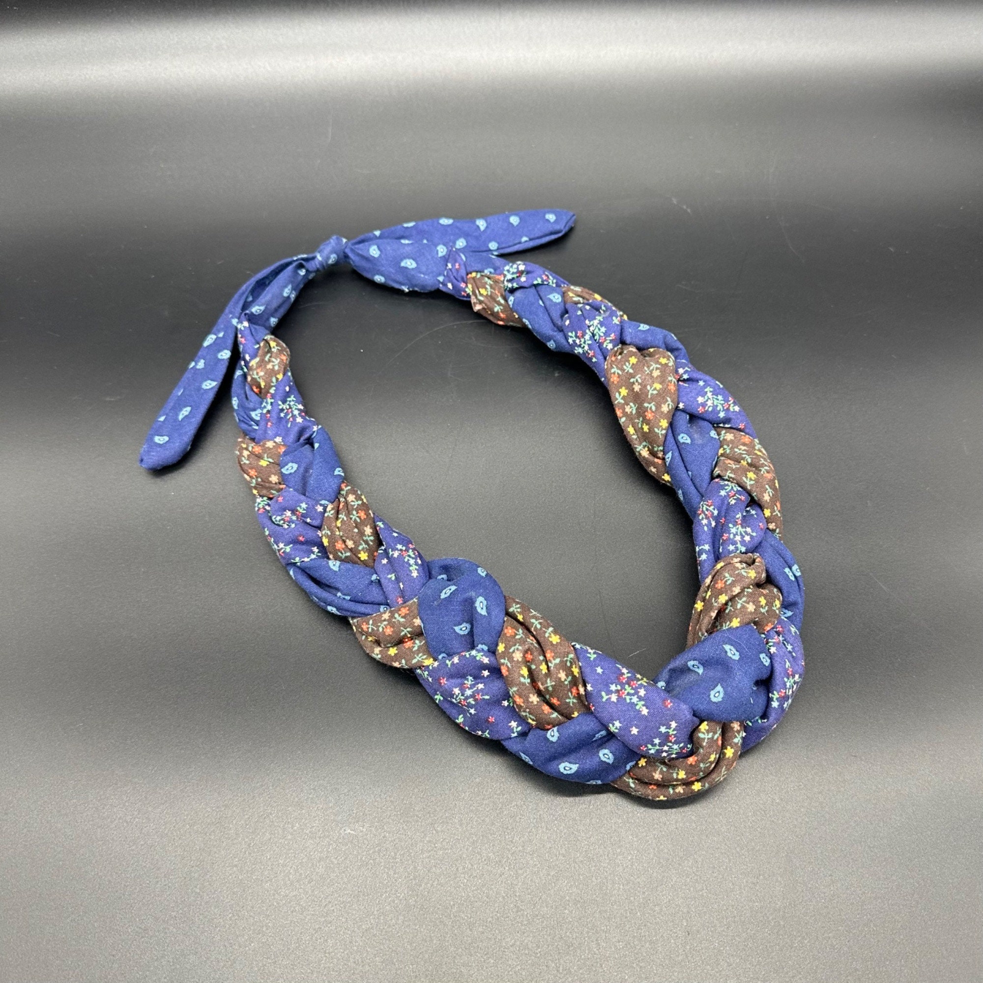 Vintage Braided Necklace 1980s Blue Brown Floral Cotton Fabric Handmade Statement