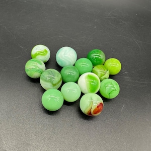 Vintage Green Swirl Glass Marbles Lot Of 14 Jadeite Red White Retro Collectible