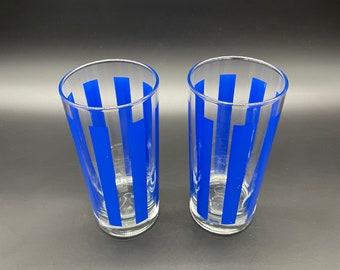 Vintage Glass Tumblers Blue Stripe Drinking Glasses Circus Tent MCM