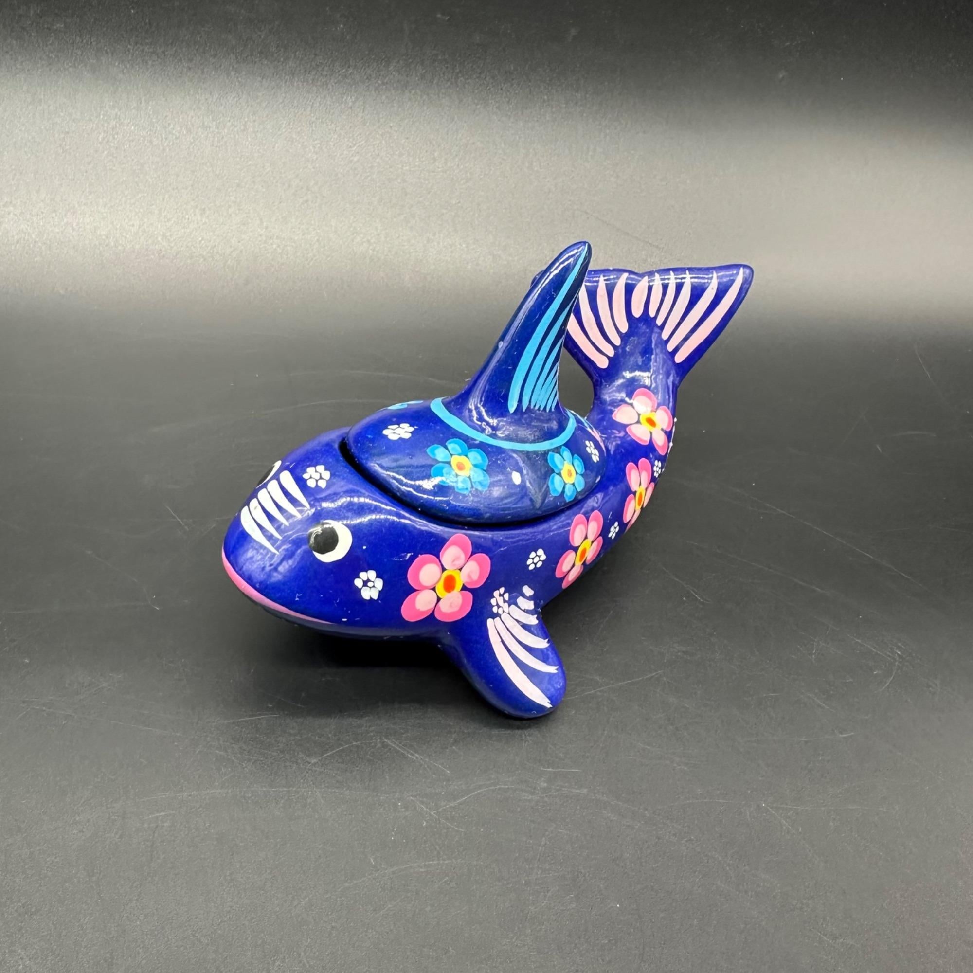 Talavera Mexico Blue Whale Pottery Trinket Box Hand Painted Flower