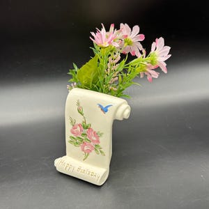 Vintage Wall Pocket Vase Flowers Happy Birthday Gift 1950s Ceramic Kitsch Decor