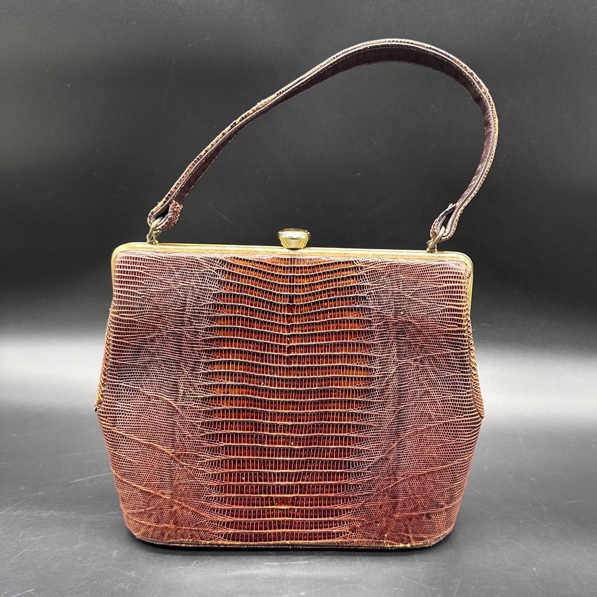 Vintage Purse Lizard Leather Handbag Lesco Mid Century Brown Gold