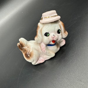 Vintage Puppy Dog Figurine Pink Brown Spotted Japan Ceramic Miniature Hat Kitsch
