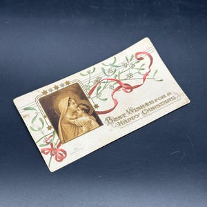 Tarjeta antigua con los mejores deseos para una feliz Navidad, Virgen María, Niño Jesús, decoración italiana