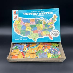 Mapa antiguo de los Estados Unidos, rompecabezas Milton Bradley 1961, 2 caras, completo