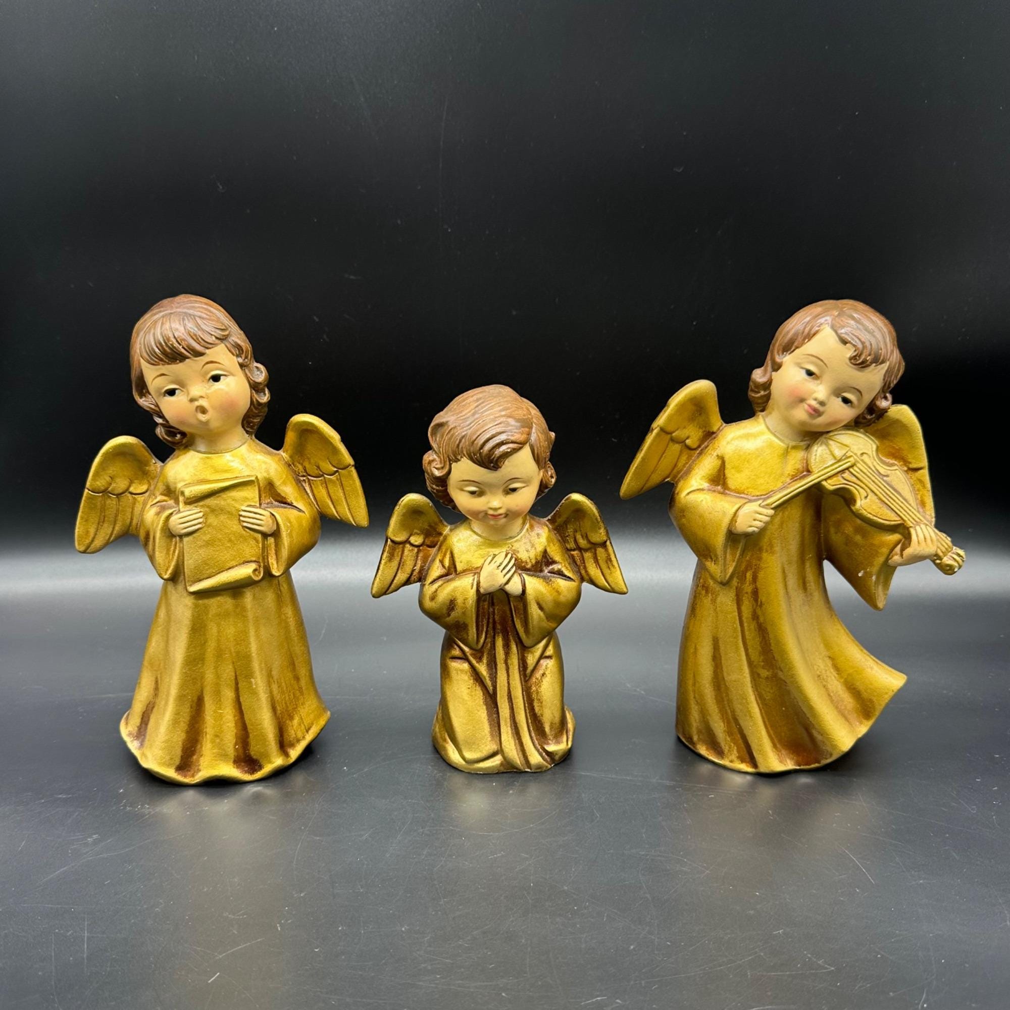 Vintage Paper Mache Angel Figurines Choir Girls Set of 3 Gold Mid