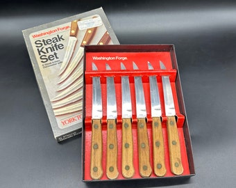 Vintage Steak Knife Set Washington Forge Yorktowne Japan Wood Stainless Steel 1970s