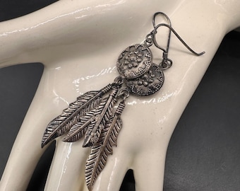 Western Sterling Silver Concho Feather Dangle Earrings Western Boho Statement