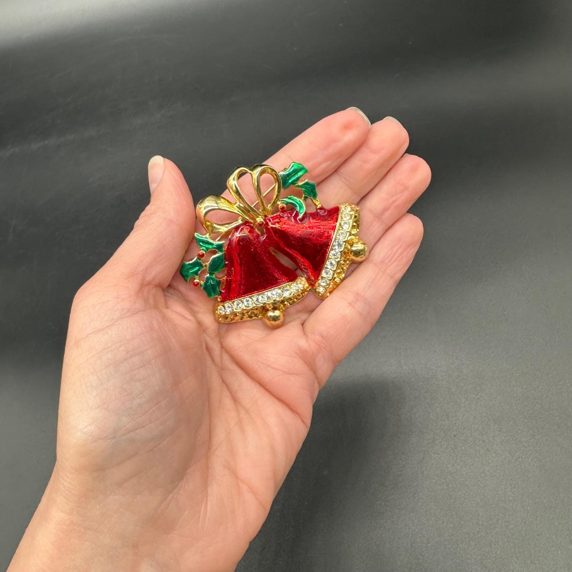 Vintage Christmas Bells Brooch Pin Red Enamel Gold Tone