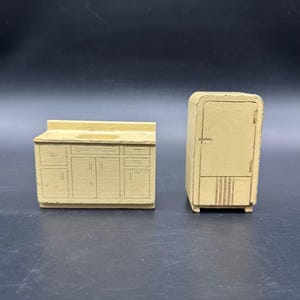 Vintage Strombecker Wooden Dollhouse Kitchen Set Refrigerator Sink 1930s Miniature