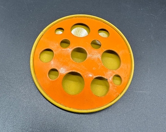 Vintage Brooch Pin 1960s Atomic Moon  Orange Yellow Cut Out Dots Metal Enamel