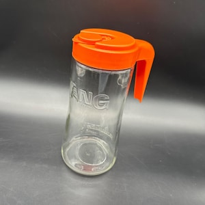 Vintage Tang Glass Pitcher Orange Lid Anchor Hocking USA Retro Promo Advertising