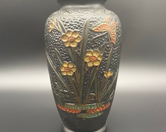 Black Pottery Vase Vintage Flowers & Butterfly Japan Hand Painted