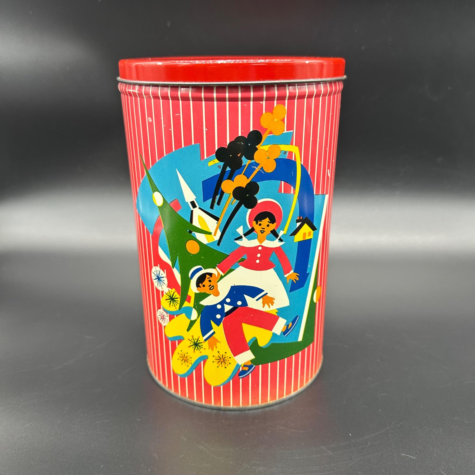 Vintage Christmas Tin Korday Hard Candies Red Striped 1960s Metal