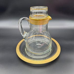 Vintage Tumble Up Glass Bedside Carafe Under Plate Pitcher Cup Ornate Gold Edge