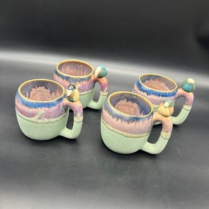 Bird Coffee Mugs Drip Glaze Pottery Parrot Cups Blue Purple Green Handmade