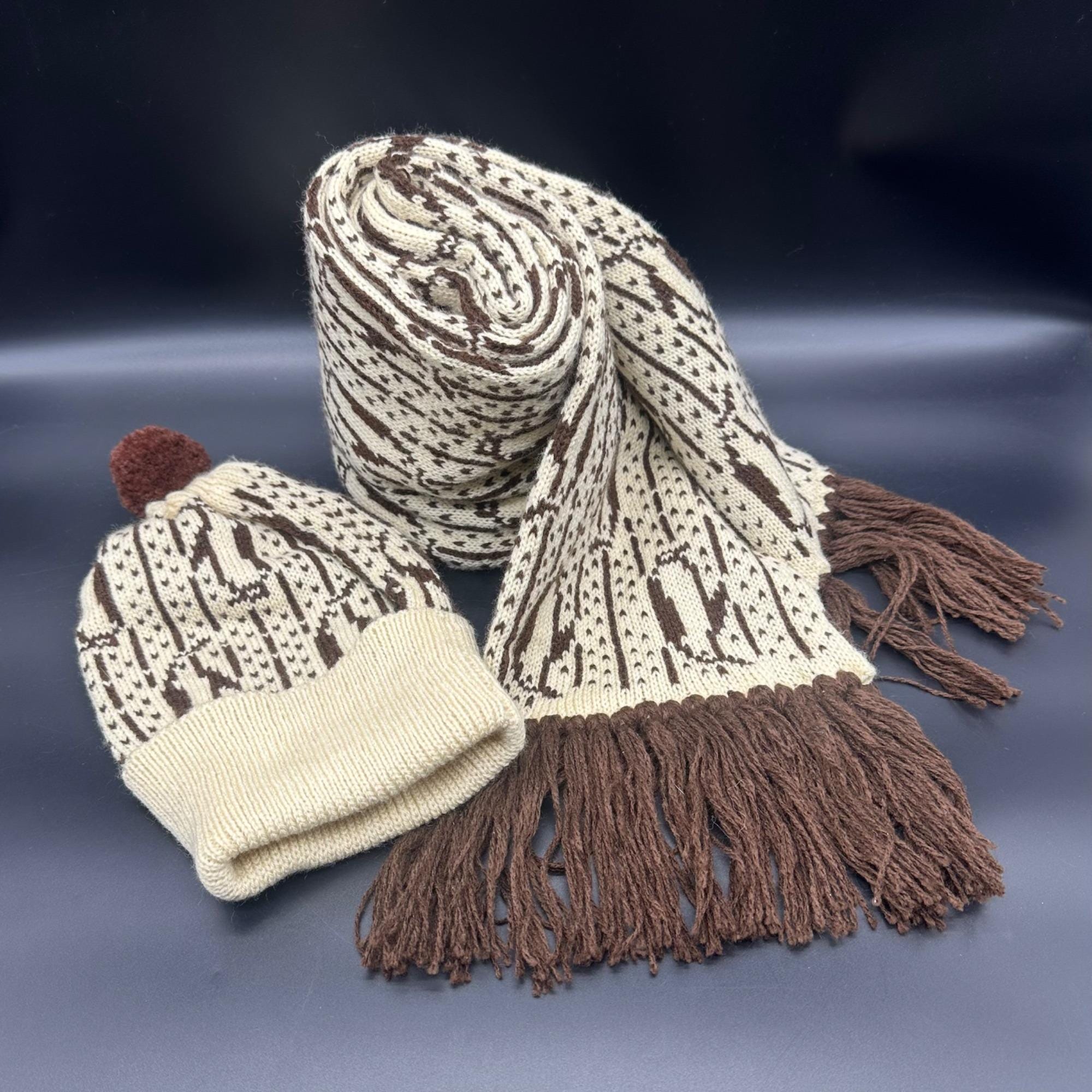 Vintage Scarf Winter Hat Set Brown Cream Penguins 1980s 