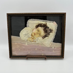 Vintage Echthaar-Baby-Bild Himmel Geschenk Annie Benson Mueller 3D Holz gerahmt