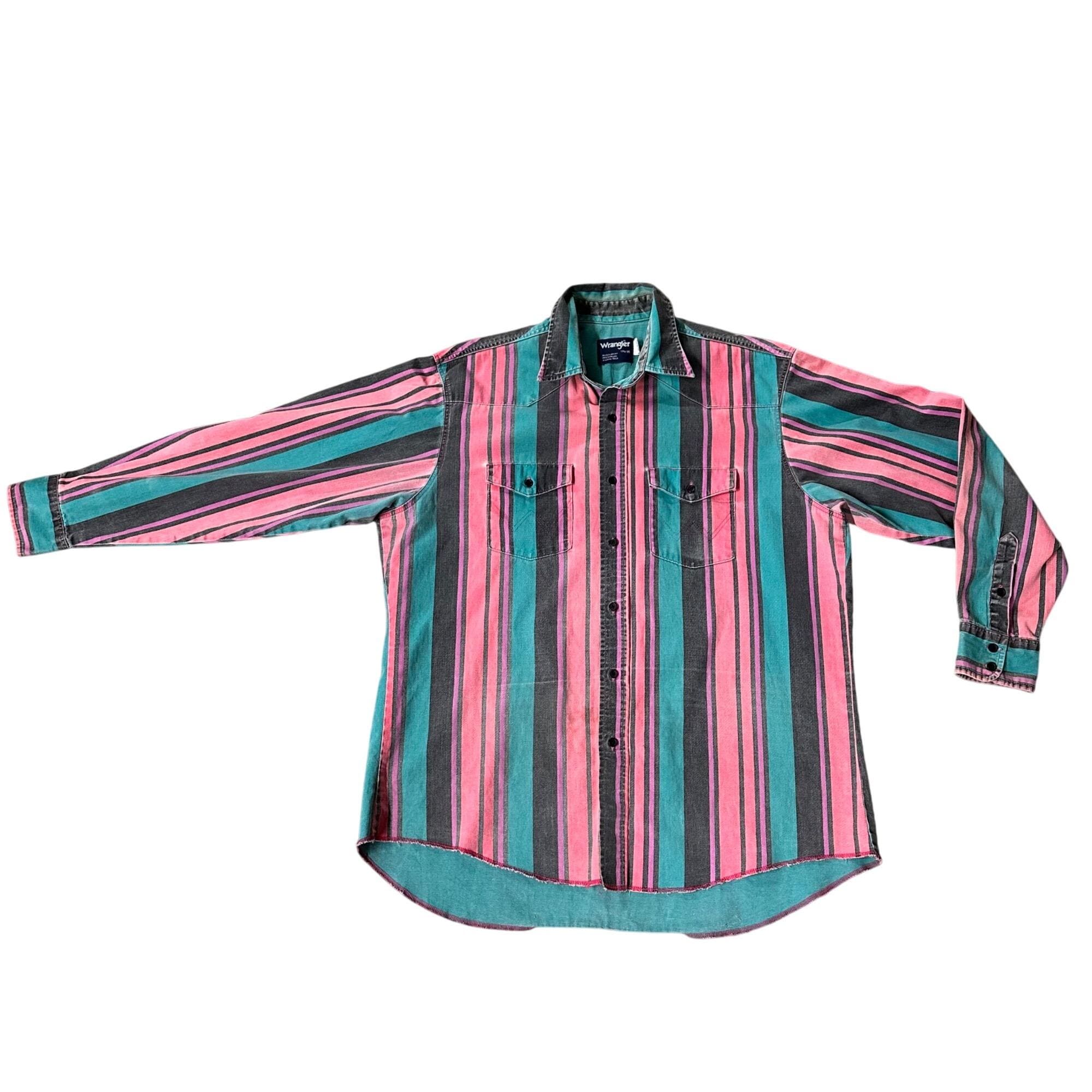 Vintage Wrangler Brushpopper 90s Western Shirt Pink Teal Stripes