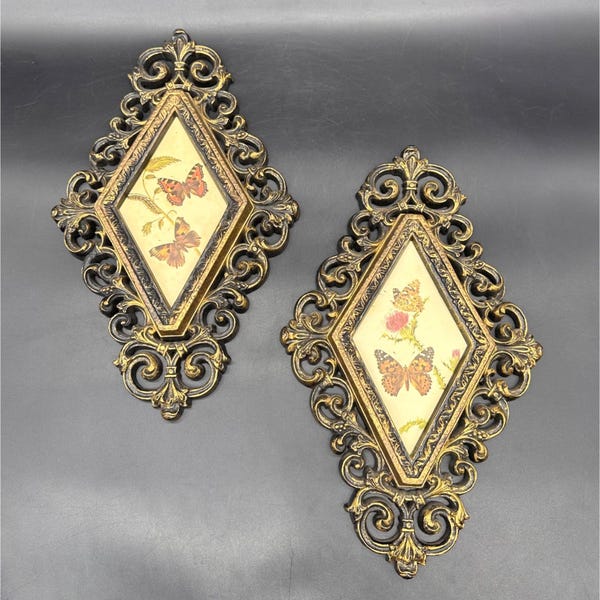 Vintage Butterfly Wall Plaques Ornate Gold Frames 1970s Retro Decor HOMCO USA