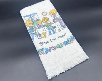 Vintage Precious Moments Bless Our Home 1990s Hand Towel USA Cottage Floral