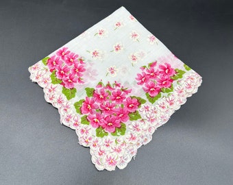 Vintage Handkerchief Hankie Pink White Flowers Cut Away Floral Spring Cotton Finished Edge