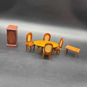 Vintage Dollhouse Furniture Lot Table 4 Wicker Chairs Cabinet Bench Wooden