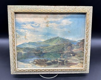 Vintage Framed Lake Mountain Art Print Wall Hanging Mid Century Landscape Swim