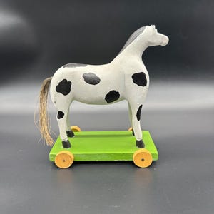 Vintage Vandor Folk Art Horse On Wheels 1981 Wooden Toy Black White Taiwan