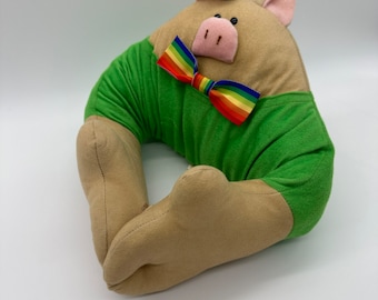 Vintage Stuffed Animal Pig Plush Rainbow Bow Tie Pillow The Bean Patch 1980 M Nakamura