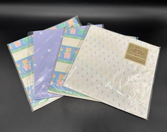 Vintage Gift Wrapping Paper Bears Baby Shower Gift New Old Stock Rainbow 1990s