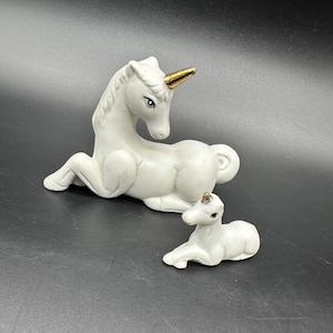 Vintage Unicorn Foal Figurines 1980s White Bisque Ceramic Gold Horns Taiwan