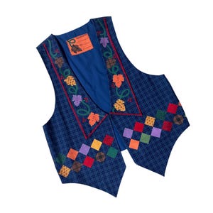Vintage Blaue Weste Karierte Herbst Kürbis Ernte Obst Patchwork Style Handarbeit 90er Jahre