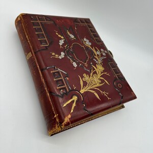 Antique Photo Album Tooled Leather Floral Gold Maroon Bound Book Some Photos