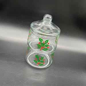 Vintage Candy Dish Clear Glass Stacking Holly Berry Christmas 1980s Retro Red Green