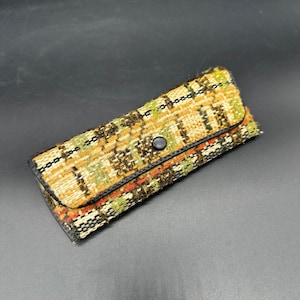 Vintage Tweed Eye Glasses Case 1970s Hard Plaid Green Orange Yellow Retro