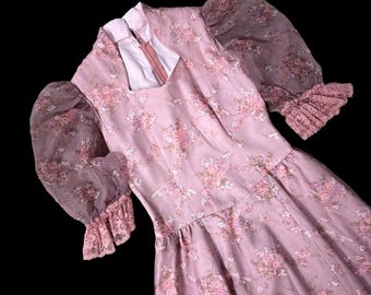Vintage 1980s Handmade Pink Floral Dress Shear Puffy Sleeves Rose Flowers Cottage
