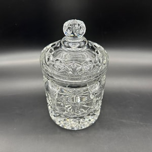 Vintage Crystal Biscuit Jar Lid Intricate Glass Storage Container Fifth Avenue Poland