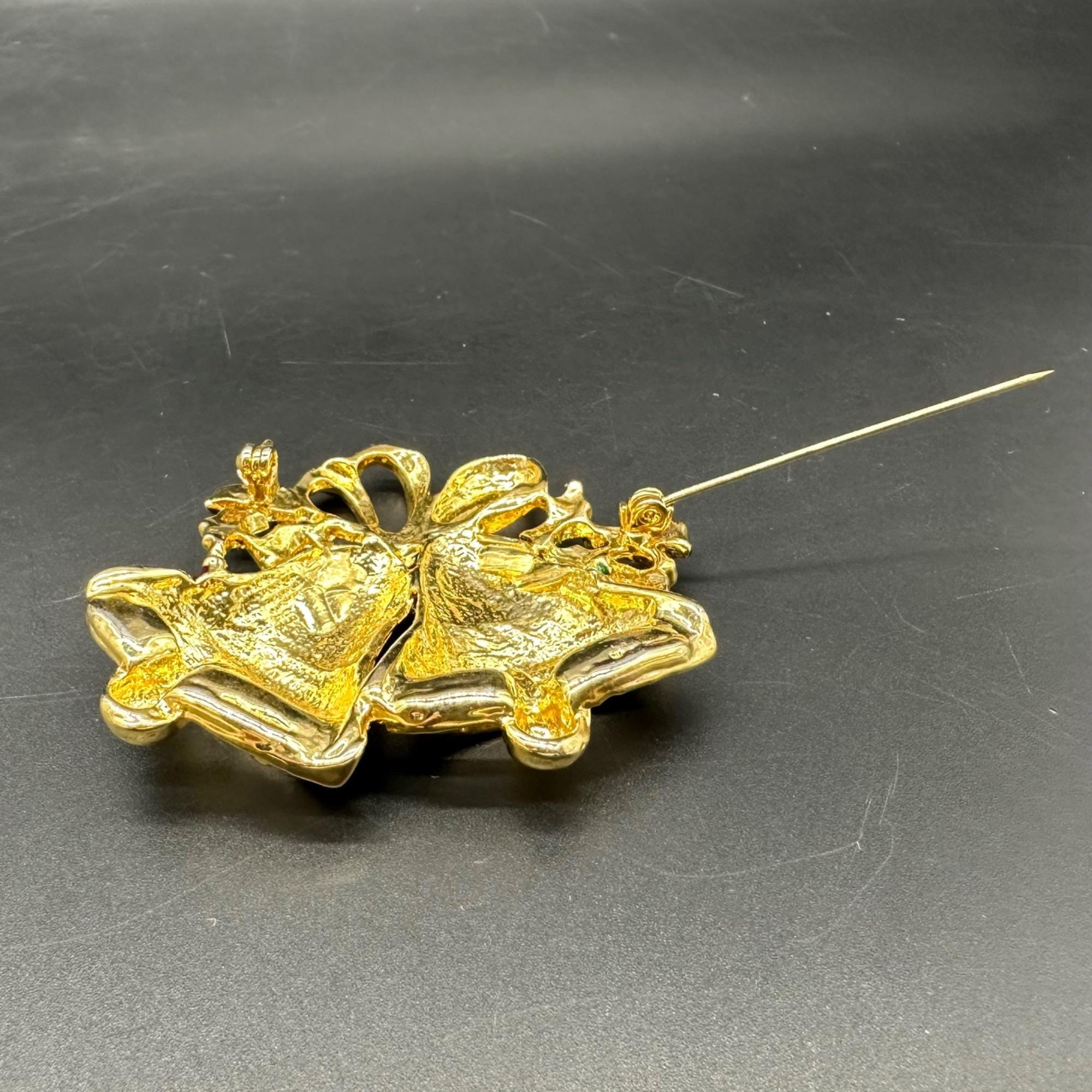 Vintage Christmas Bells Brooch Pin Red Enamel Gold Tone