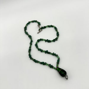 Vintage Green Glass Beaded Necklace Malachite Handmade Dangle Estate Jewelry