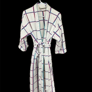 Vintage Bathrobe Terry Cloth TJ Lawford Small Turkish Teal Pink Grid 1980s