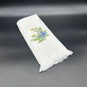Vintage Embroidered White Hand Towel Butterfly Floral Fringed Edges Flowers