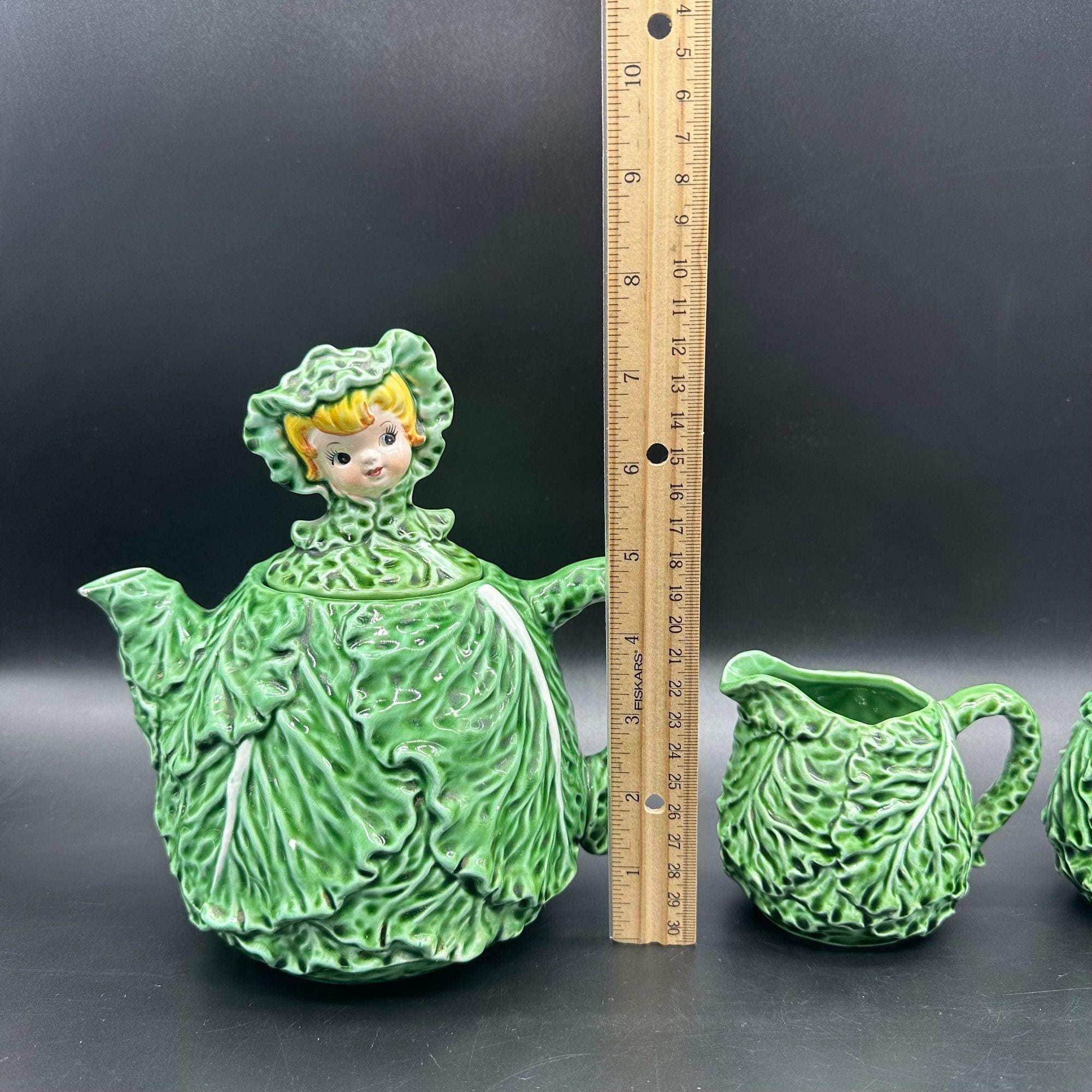 Vintage Cabbage Leaf Teapot Creamer Sugar Bowl Cissy Lefton Japan