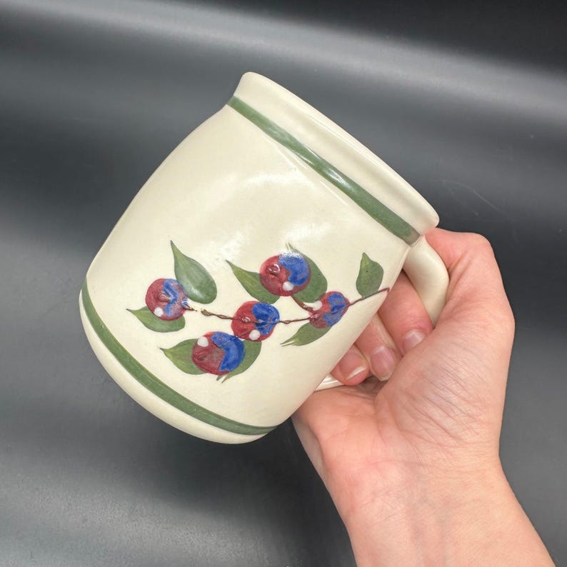 Vintage Olde Cape Cod Pottery Mug Berry Handmade Blue Red Botanical Cup
