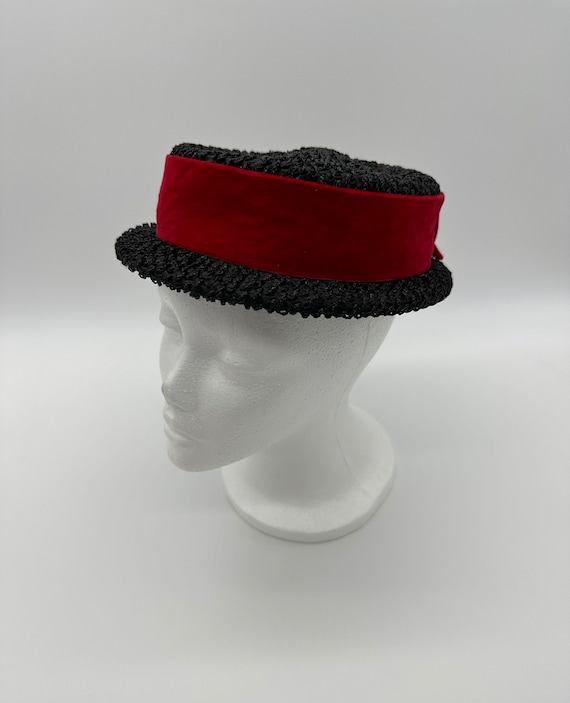 Vintage Pillbox Hat Formal Church Black Red Velvet