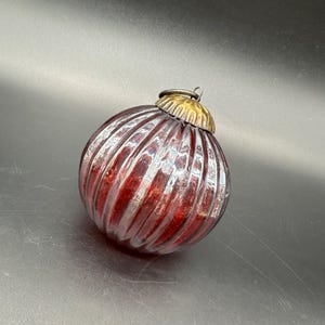 Vintage Red Glass Kugel Style Christmas Ornament Ribbed Metal Cap Holiday Decor